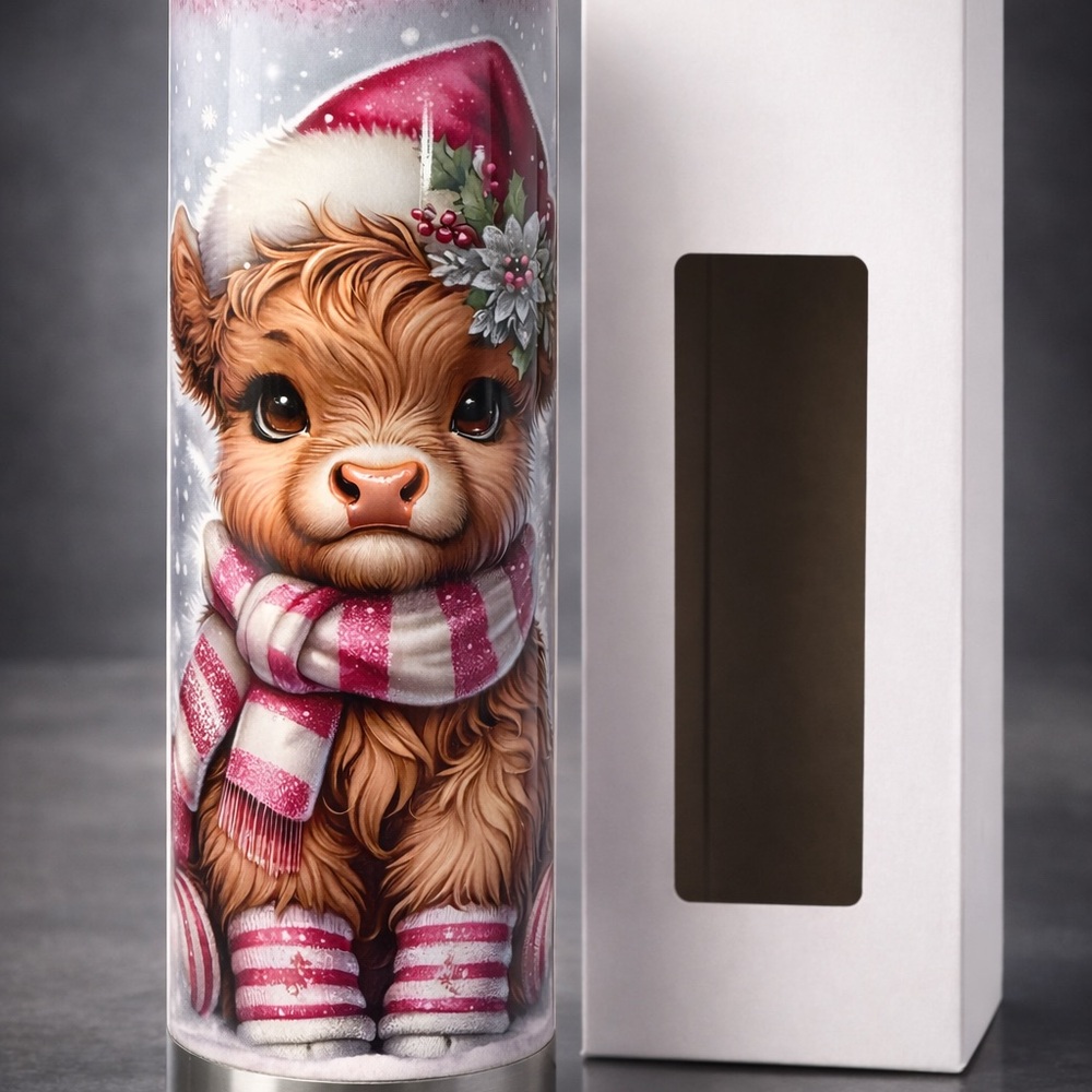 Festive Highland Cow Tumbler with Pink Scarf